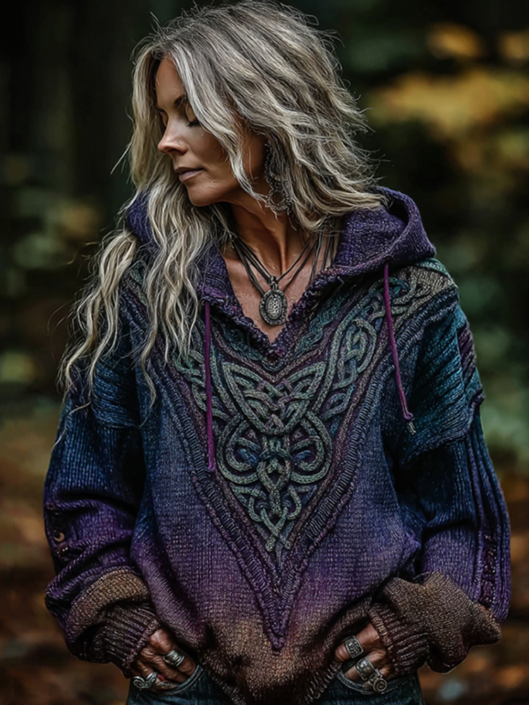 Women's Viking Celtic Knot Art Knitted Warm Hooded Sweater