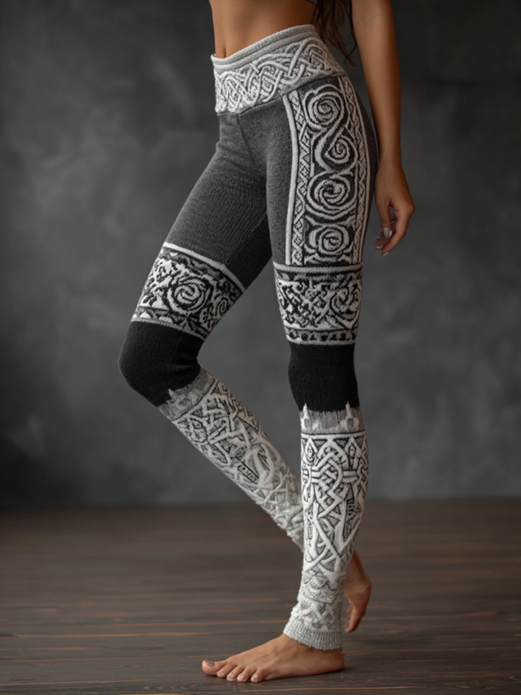 Women's Vintage Viking Celtic Knot With Rose Pattern Colorblock Cozy Leggings