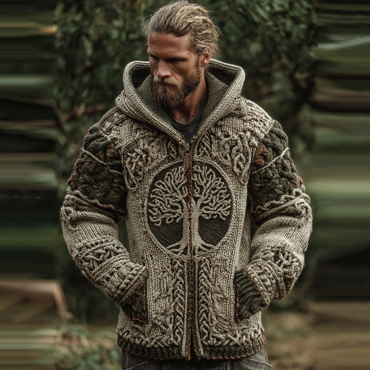 Men's Vintage Viking Tree Of Life Jacquard Knitted Cozy Zipper Up Hooded Cardigan