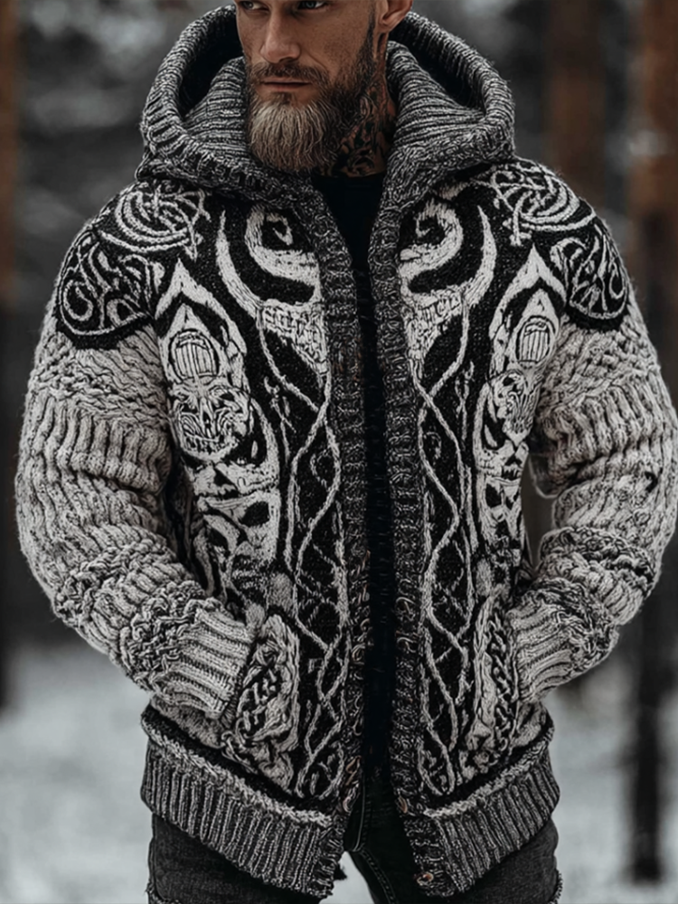 Viking Style Winter Men's Warm Hooded Knit Sweater Jacket