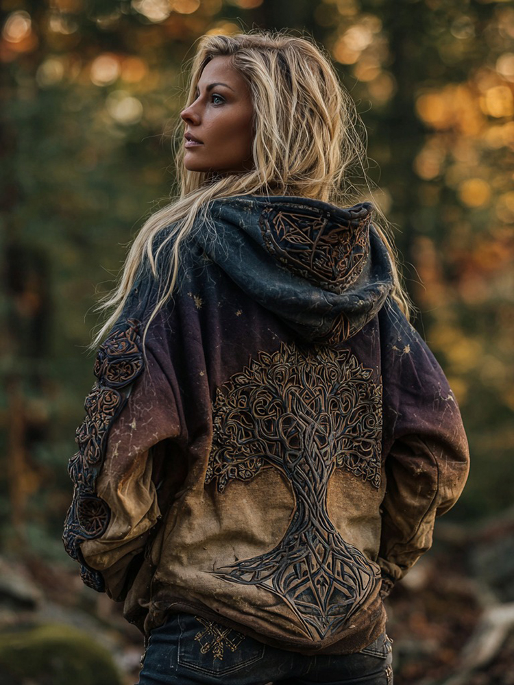Women's Viking Tree Of Life Cozy Gradient Bohemian Hoodie