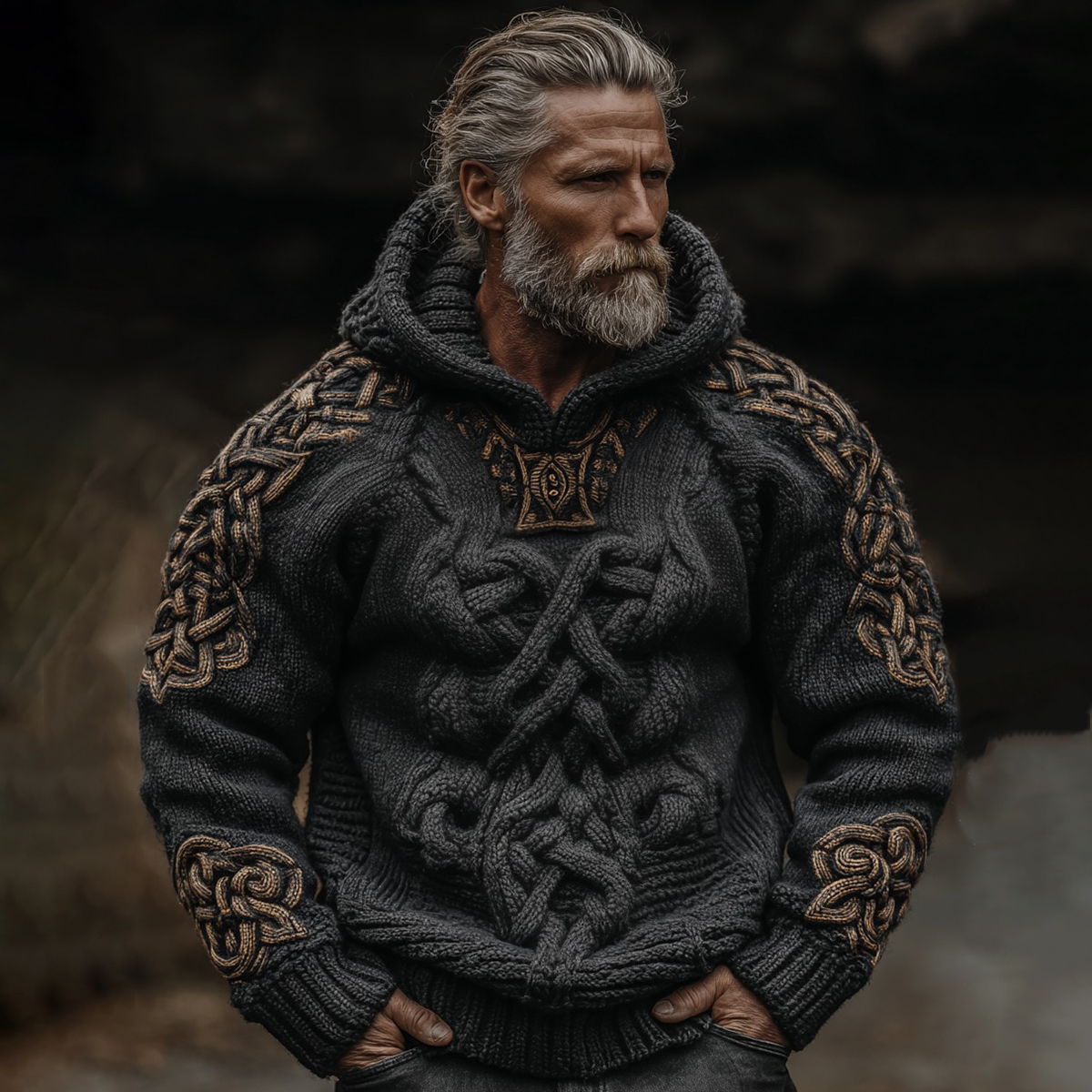 Men's Vintage Viking Celtic Knot Art Knit Hooded Sweater