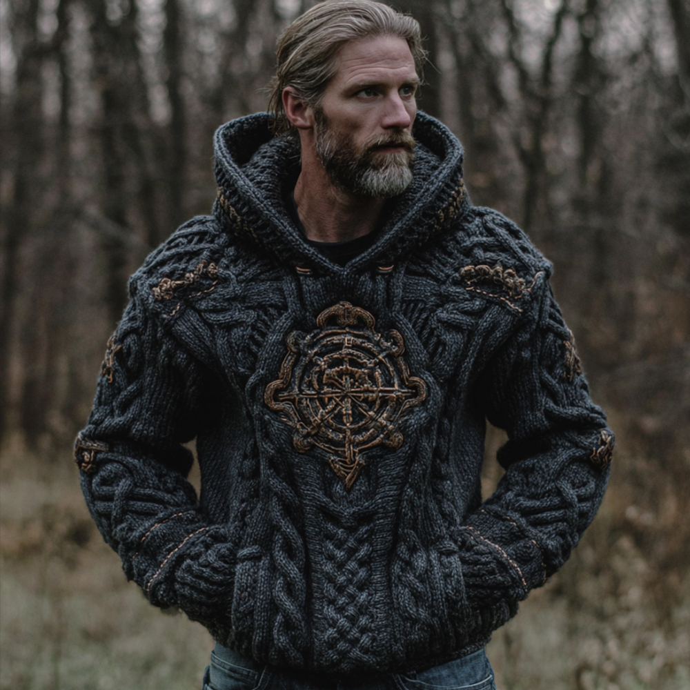 Men's Viking Compass Navy Blue Hooded Sweater