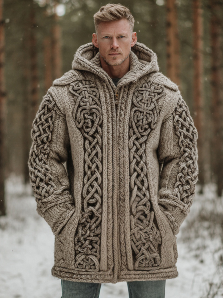 Men's Viking Celtic Pattern Art Cozy Knit Hooded Cardigan