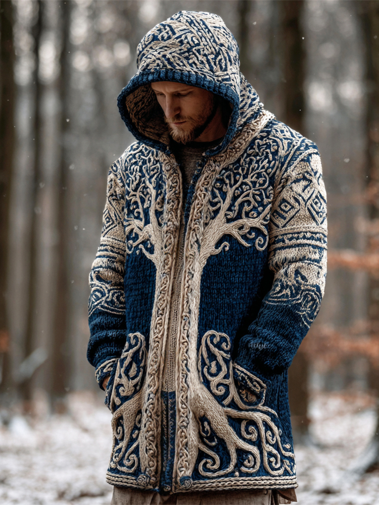 Viking Tree Of Life Men's Chunky Knit Hooded Zipper Sweater Cardigan