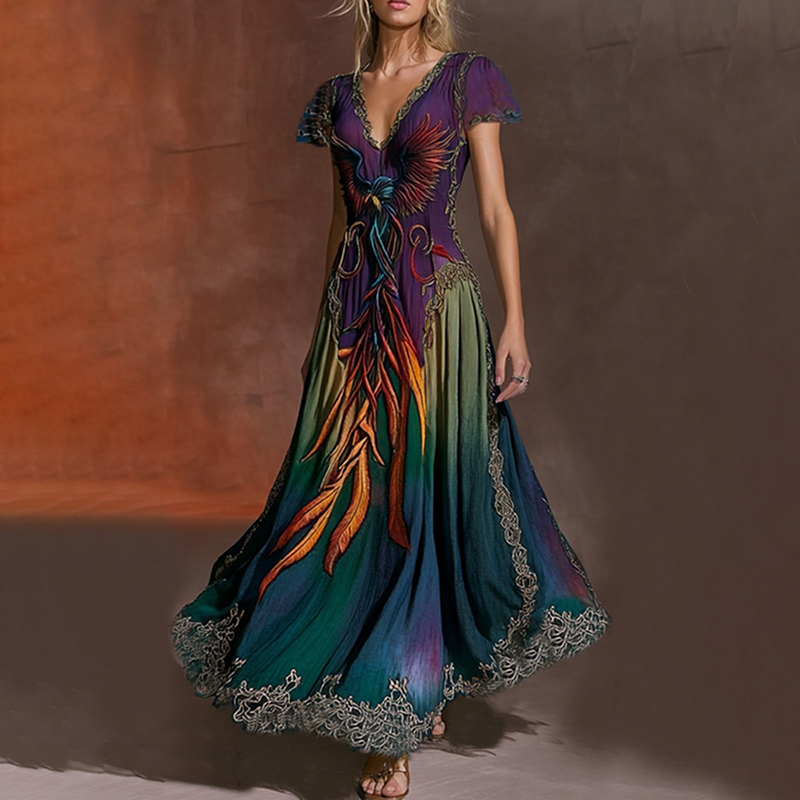 Women's Northern Celtic Knot Phoenix Totem Ombre Linen Maxi Dress