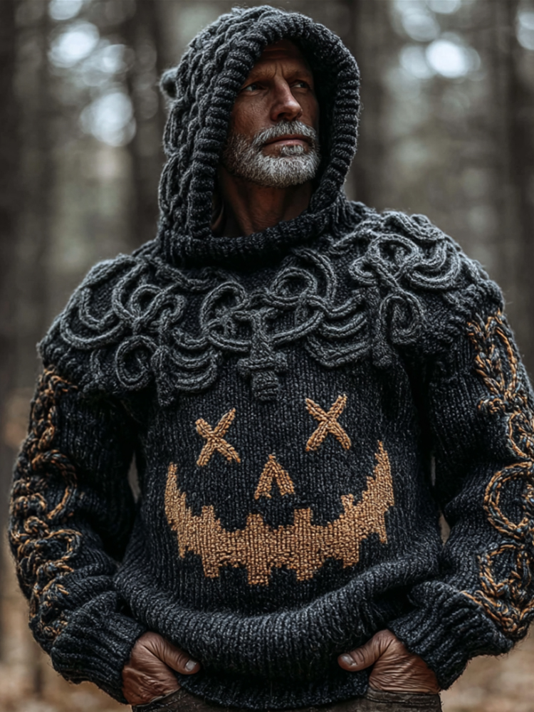 Men's Halloween Pumpkin Smiley Face Vintage Embroidery Hooded Sweater