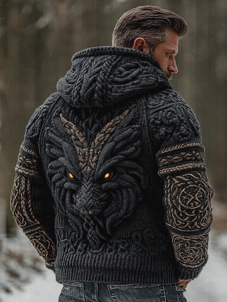 Men's Vintage Viking Dragon Jacquard Knitted Cozy Zipper Up Hooded Cardigan