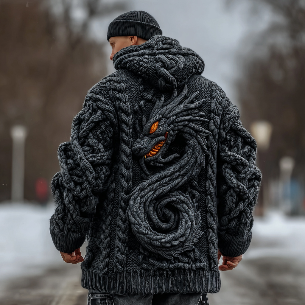 Men's Viking Celtic Dragon Knit Long Zip Hooded Sweater