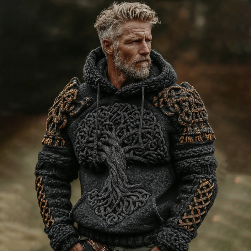 Men's Viking Tree Of Life Art Celtic Knot Jacquard Knitted Hooded Sweater