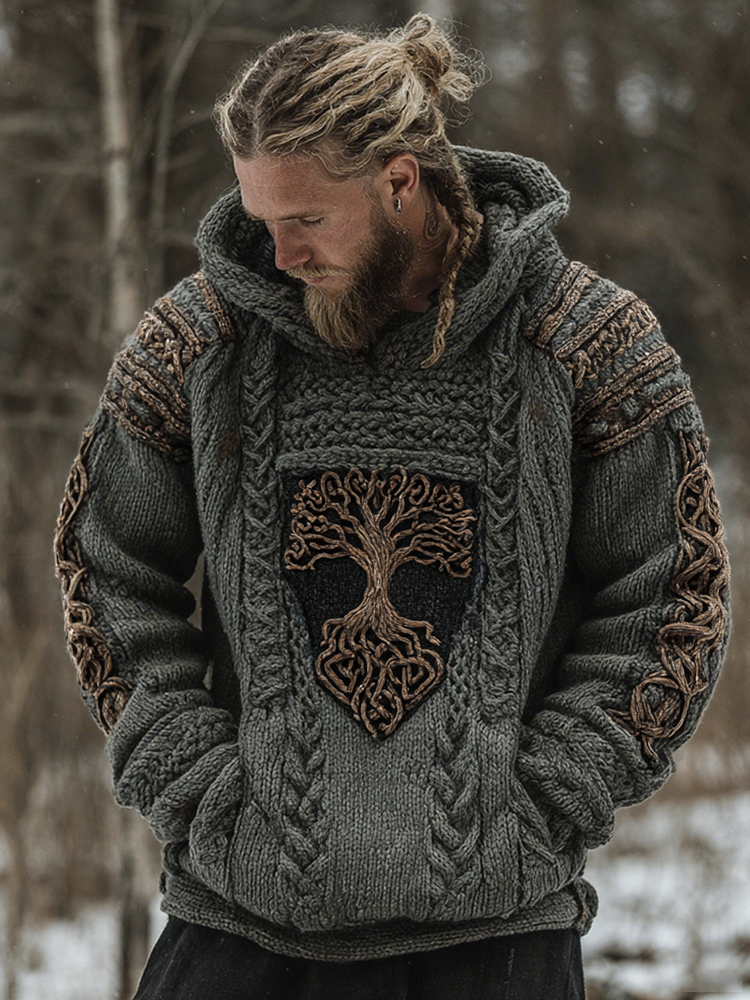 Men's Viking Celtic Tree Of Life Art Jacquard Chunky Knitted Cozy Hooded Sweater