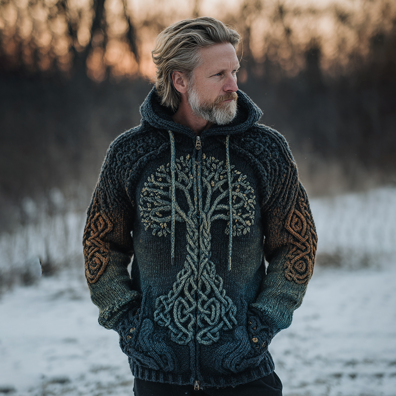 Men's Vintage Viking Tree Of Life Celtic Knot Art Chunky Knit Hooded Zip-up Sweater