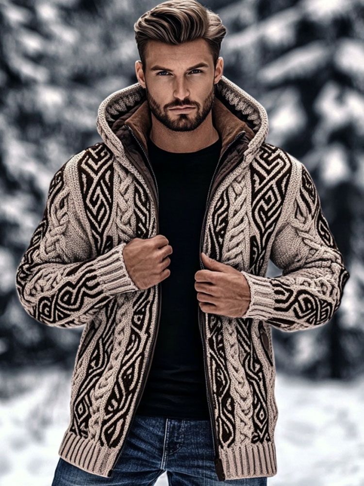 Men's Vintage Viking Celtic Knot Art Zip-up Chunky Knit Hooded Cardigan