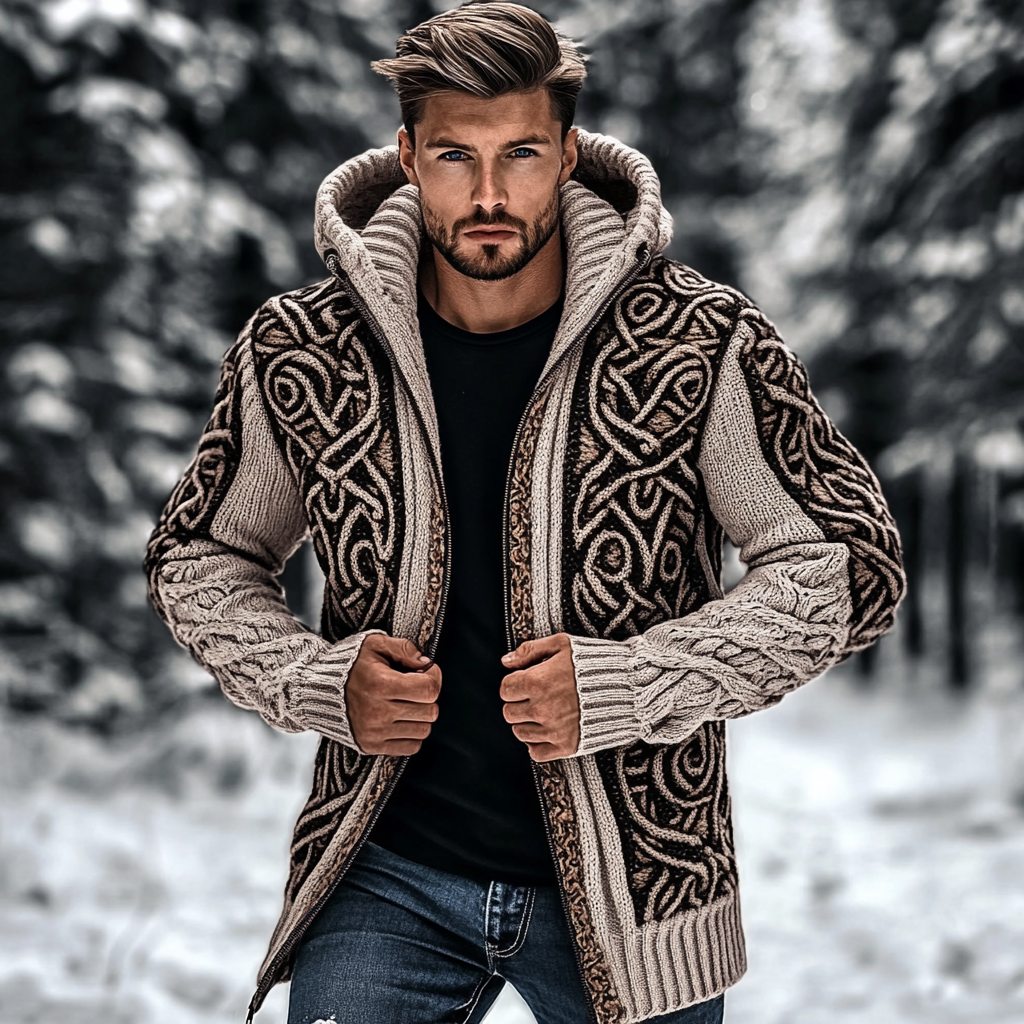 Men's Vintage Celtic Knot Jacquard Chunky Knit Cozy Mid-length Cardigan Sweater