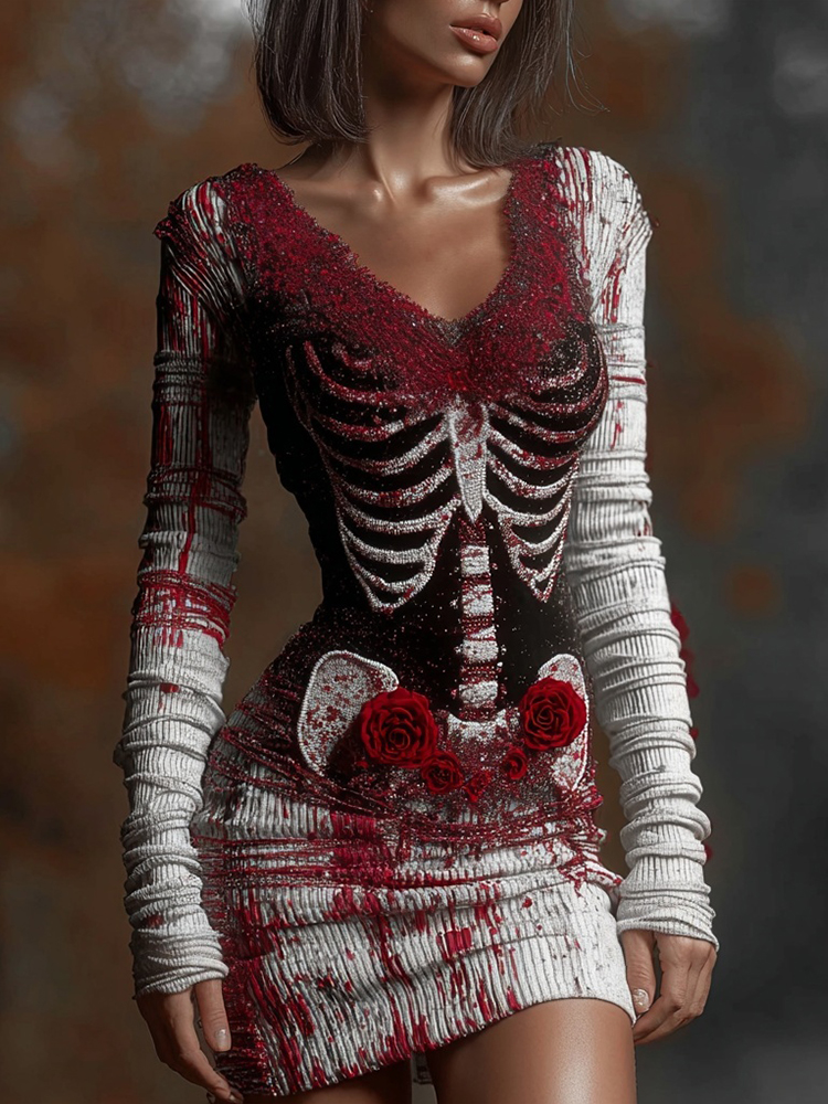 Retro Skeleton Bloody Roses Embroidered V Neck Sweater Dress