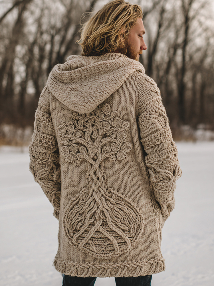 Men's Retro Tree Of Life Art Jacquard Chunky Knitted Cozy Hooded Cardigan