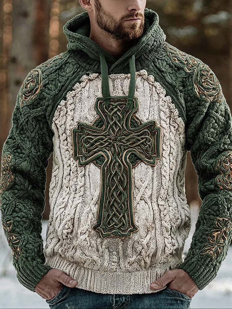 Men's Viking Irish Celtic Cross Knot Knit Hooded Sweater