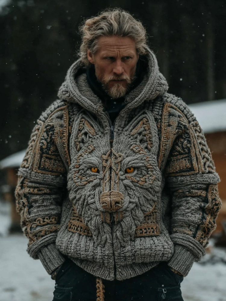 Men's Vintage Viking Wolf Pattern Cozy Zip Up Knit Hooded Sweater