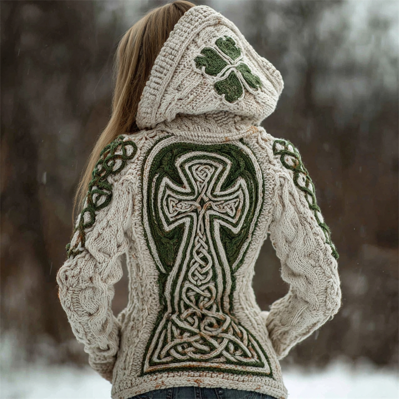 Vintage Shamrock & Celtic Cross Chunky Cozy Hooded Sweater