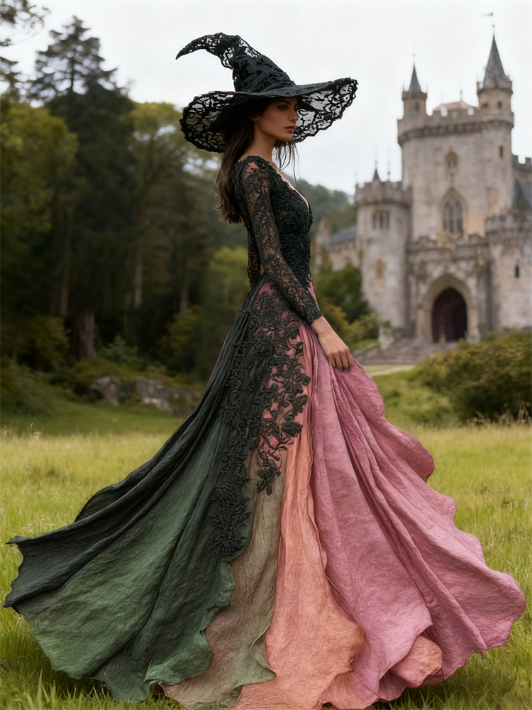 Halloween Witch Contrast Gradient Black Lace Linen Maxi Dress