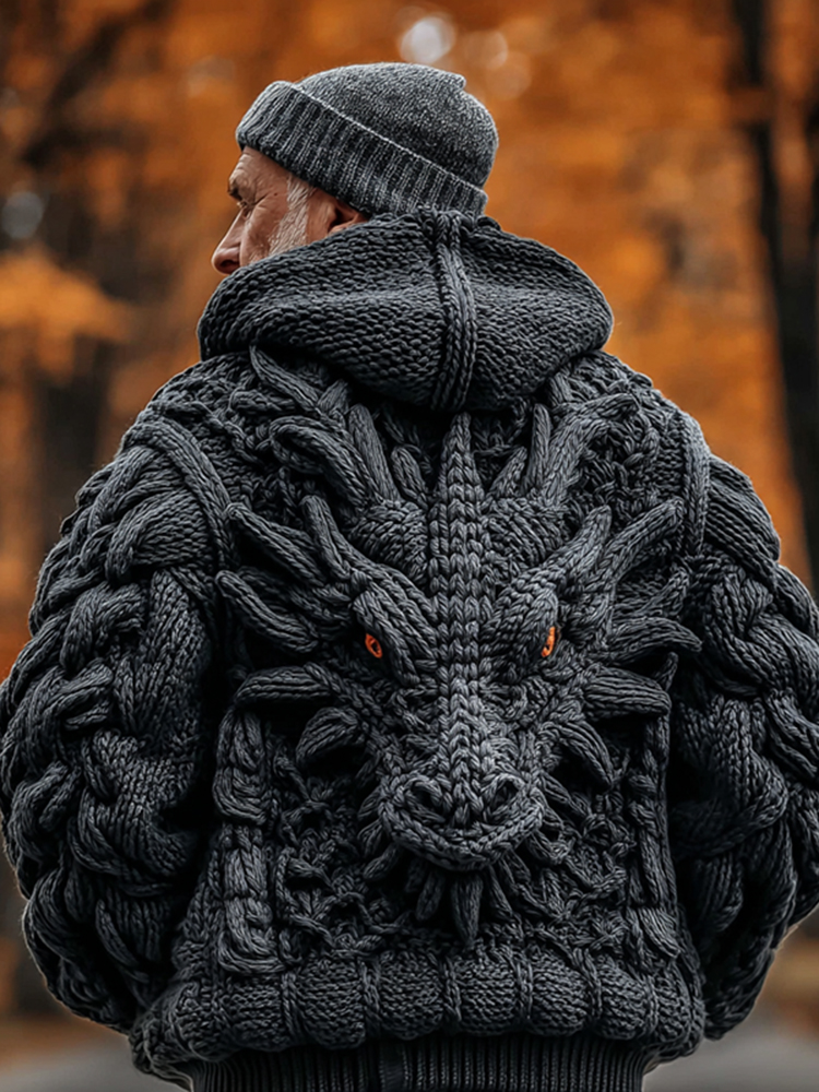 Men's Viking Dragon Totem Chunky Knit Hooded Cardigan