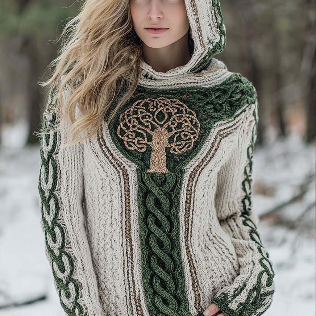 Vintage Tree Of Life Viking Inspired Cozy Knit Hooded Sweater