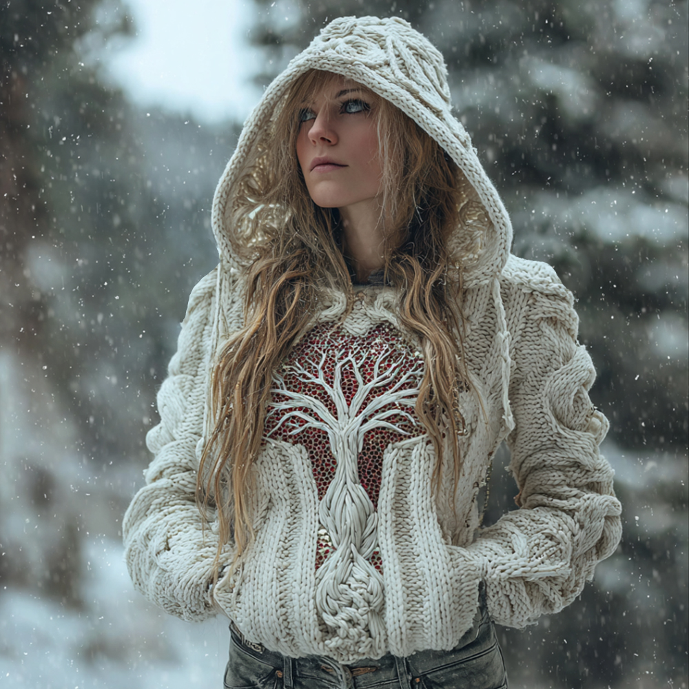 Women's Viking Style Hollow Knit Tree Of Life Hooded Sweater