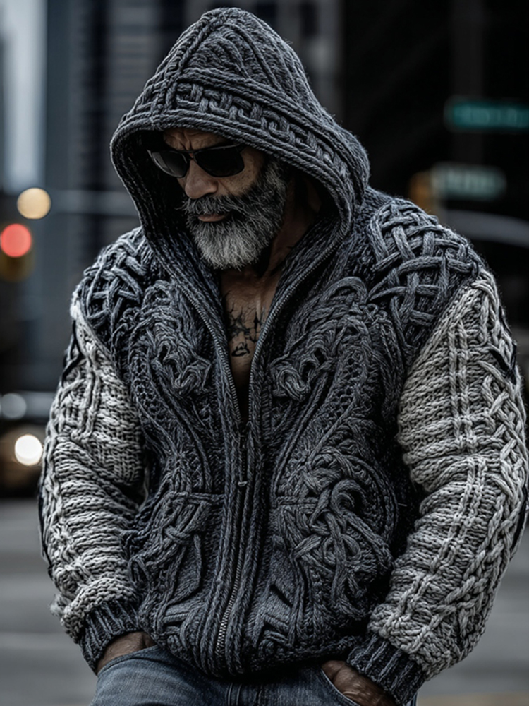 Men's Viking Dragon Totem Chunky Knit Hooded Cardigan