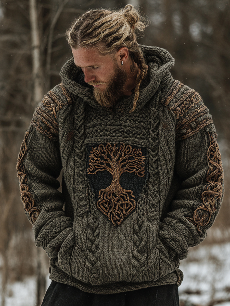 Men's Viking Celtic Tree Of Life Art Jacquard Chunky Knitted Cozy Hooded Sweater