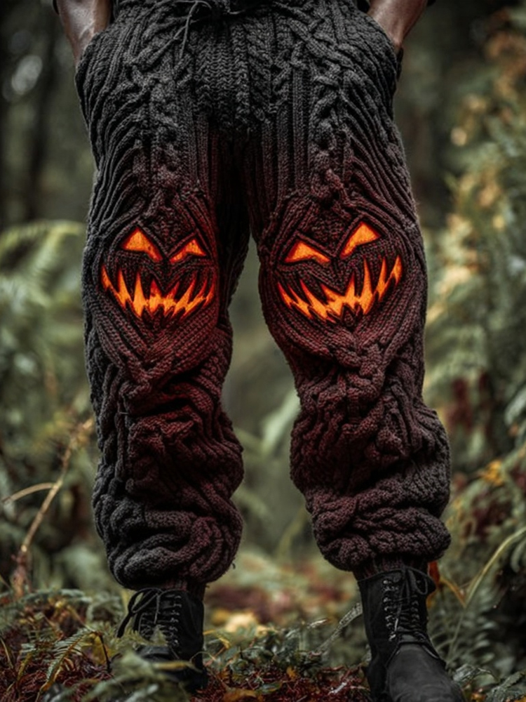 Men's Halloween Spooky Face Cozy Chunky Knit Pants