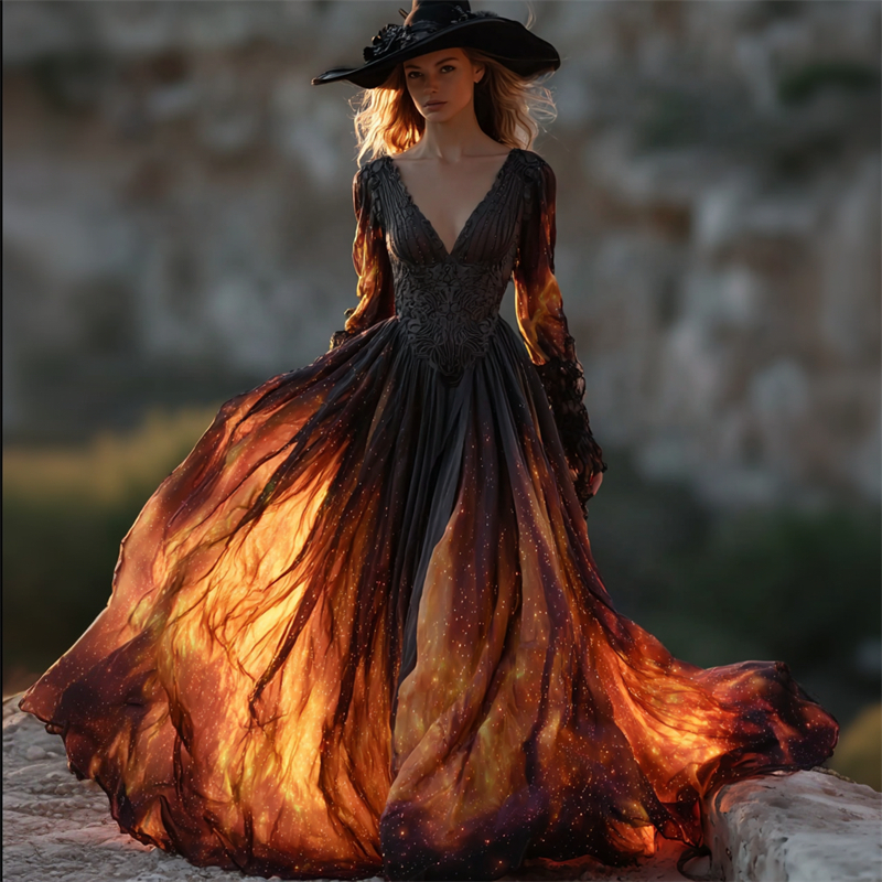 Halloween Witch You Couldn't Burn Flame Flowy Maxi Dress