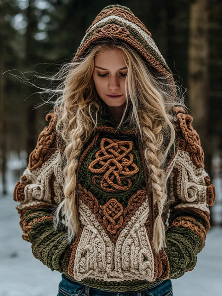 Women's Vintage Viking Celtic Knot Knit Hooded Sweater
