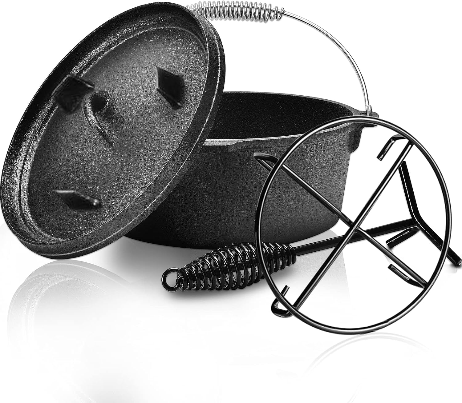 10 Quart Cast Iron Dutch Oven Pre-seasoned Pot with Lid Lifter Handle, Casserole Pot with Lid Lifter for Camping Cooking BBQ Baking