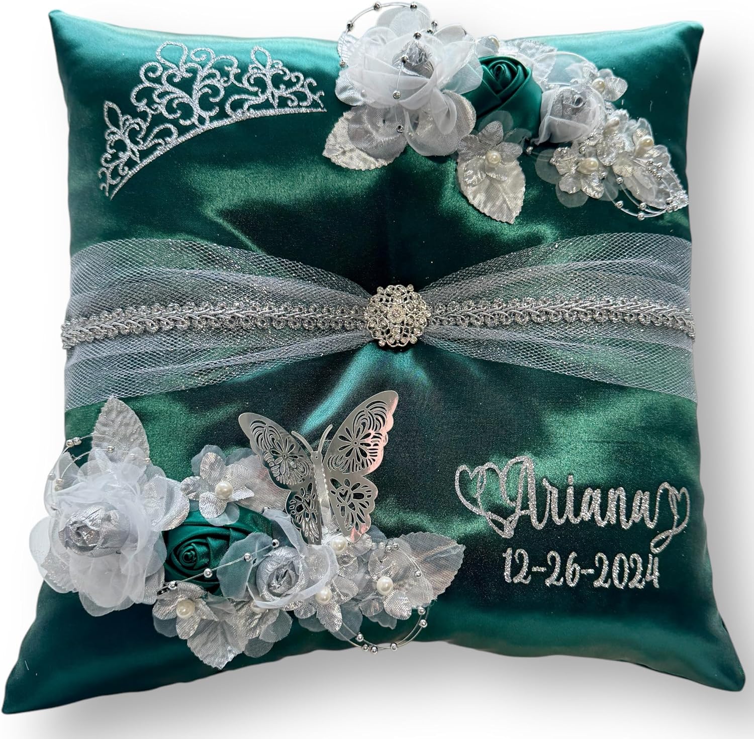 Quinceañera Tiara Pillow - Hunter Green Handmade & Personalized for You.