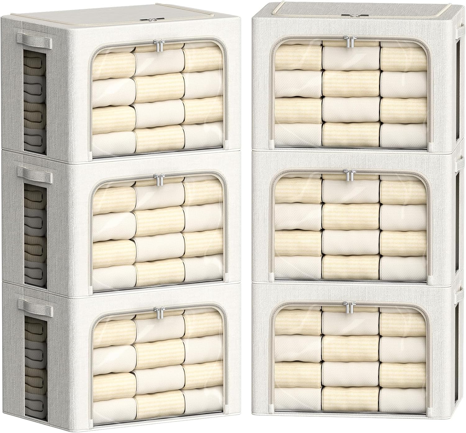 FHSQX 6 Pack Clothes Storage Bins with Metal Frame 100L Foldable Storage Bins for Clothes Linen Fabric Storage Box with Clear Window (Lvory White, 23.6x16.5x15.7inch(100L))