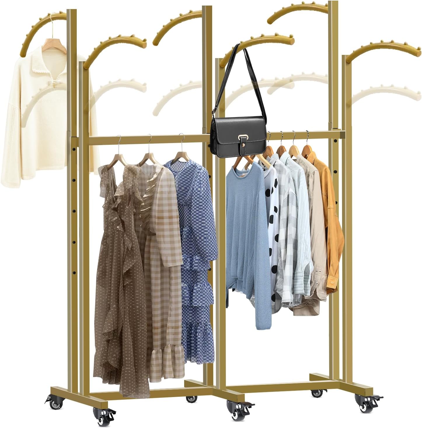 Floor Standing Metal Garment Rack, 6 Arms Clothing Display Rack with Wheels, Heavy Duty 48'' to 67'' Adjustable Height Retail Clothes Rack Rolling Shirt Rack for Hanging Clothes, Gold