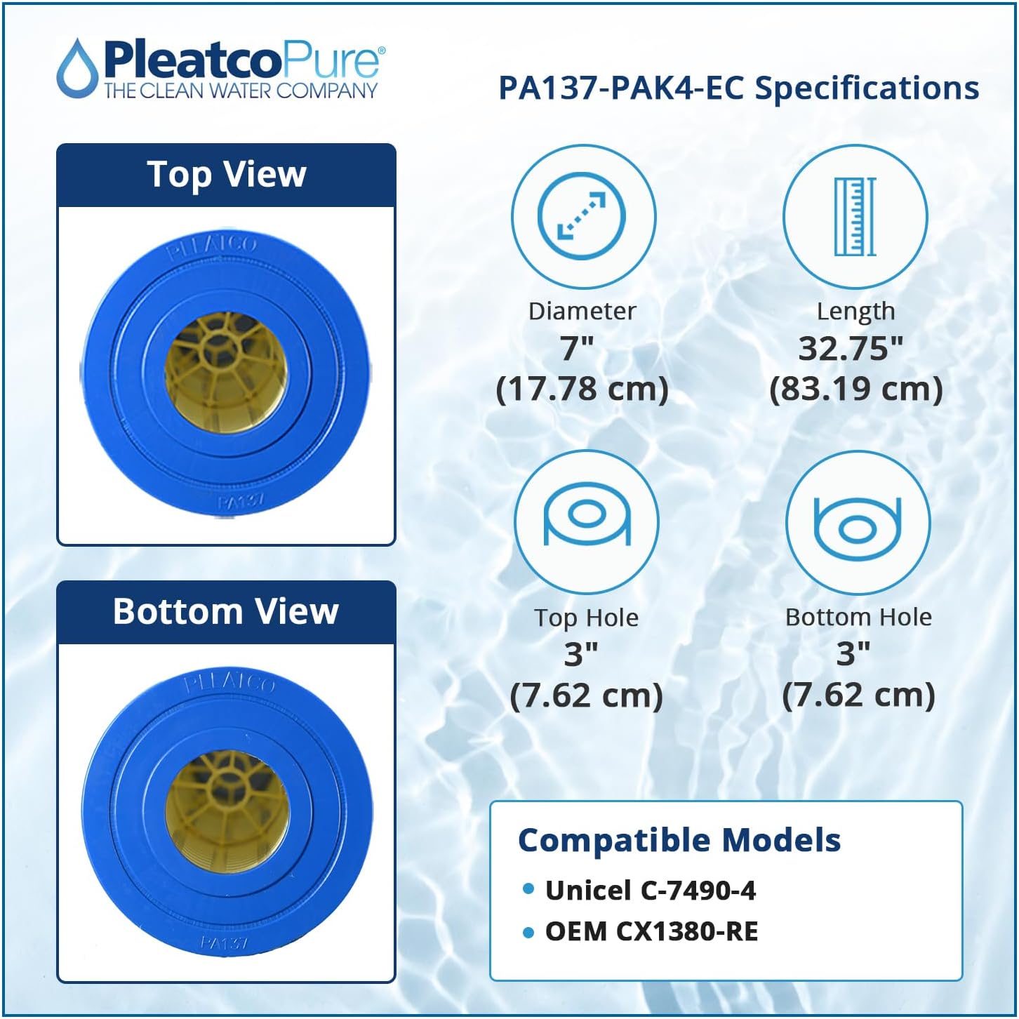 Pleatco Filtration PA137-PAK4-EC Pool Filter Cartridge Replacement for Unicel: C-7490-4, OEM Part Numbers: CX1380-RE