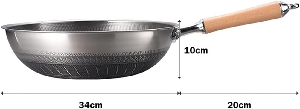 316 Stainless Steel Frying Pan with Wooden handle Nonstick pans Induction Cooker Gas Stove Special Kitchen Flat-bottom Wok（34cm）