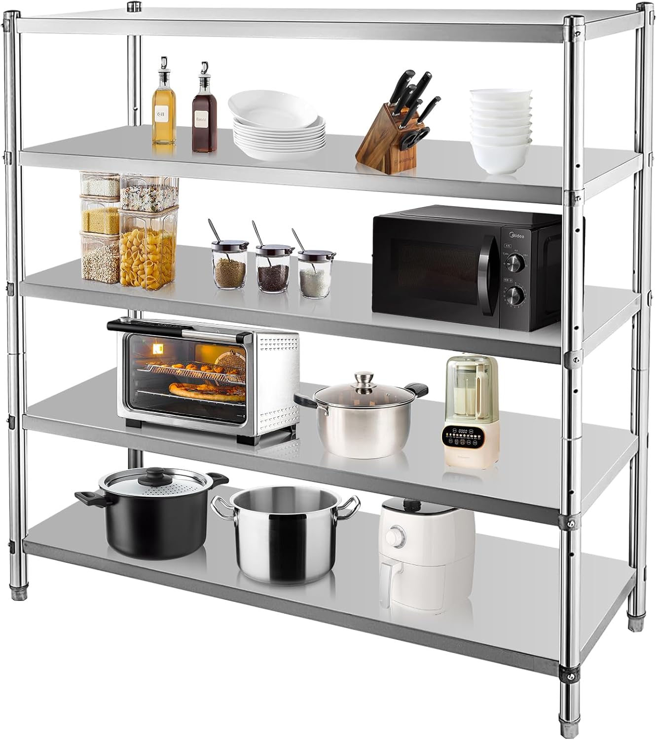 1 Stainless Steel Shelves, Storage Shelf 4-Tier Heavy Duty Storage Rack Shelving Capacity Shelf Unit with Wheels Side Baffles for Kitchen Garage Office Restaurant Warehouse