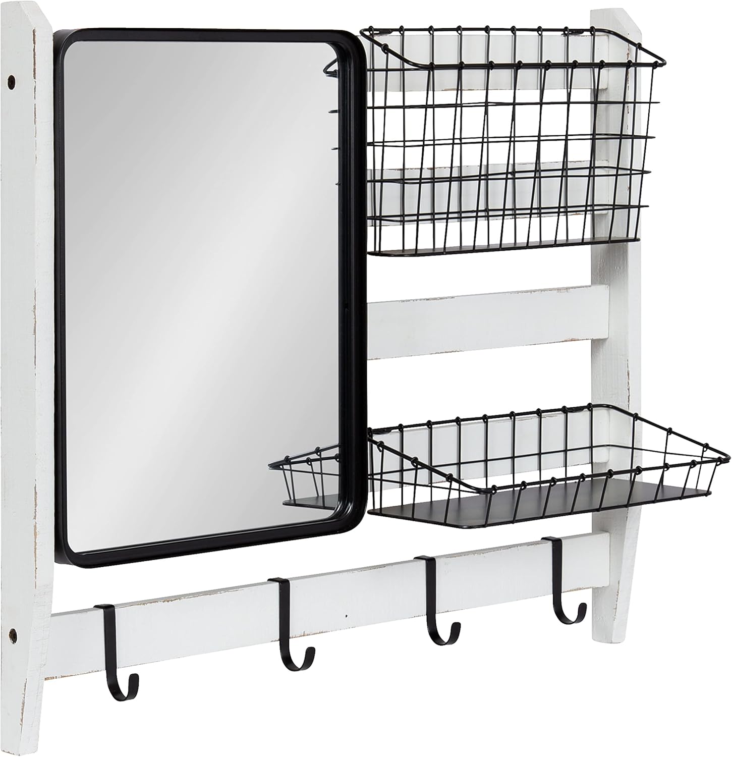 Kate and Laurel Tanner Wall Organizer with Mirror and Hooks, 28 x 8 x 24, White and Black, Farmhouse Wall Organization Home Office Station with Baskets for Modular Storage