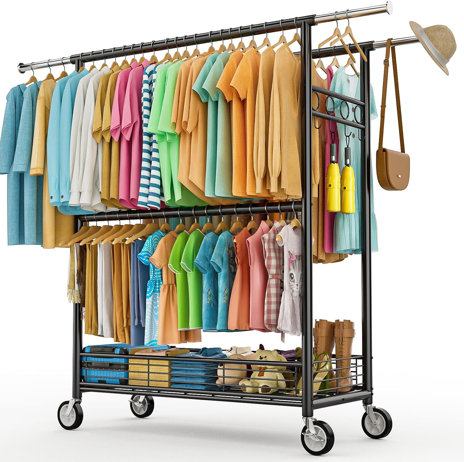 Heavy Duty Clothes Rack Load 960LBS, Three Rods Rolling Clothing Racks for Hanging Clothes, Rolling Garment Rack With Sturdy Wheels Shelves Hooks, Portable & Adjustable Commercial Garment Rack, Black