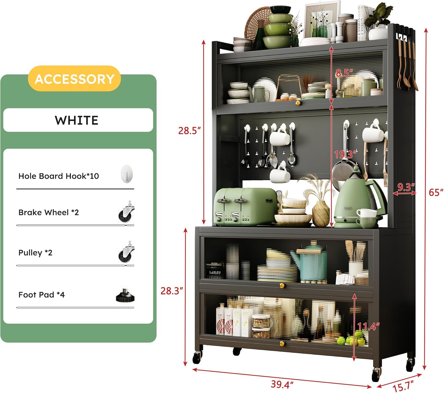 65'' Kitchen Pantry Storage Cabinet, Storage & Microwave Oven Countertop, Pantry Cabinets with 3 Doors and 4 Layers Hole Plate Versatile Storage for Kitchen, Living Room, Dining Room