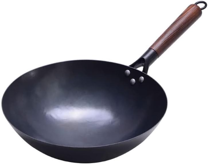 Handmade Forged Iron Cooking Pot, Round Bottom Non-Stick Frying Pan, Pointed Bottom Wok for Gas Stove, Uncoated, with Glass Lid & Heat-Resistant Handle