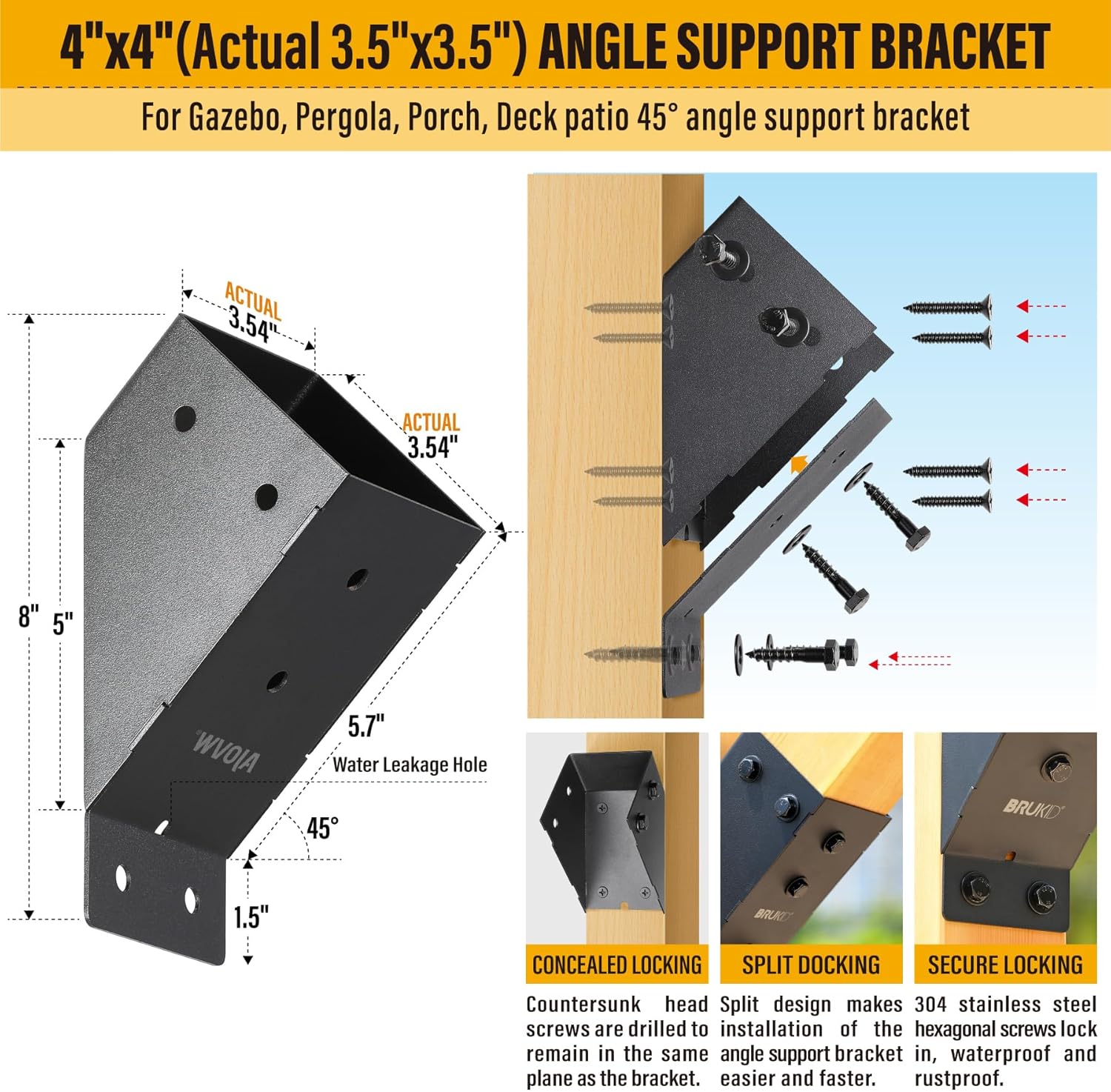 8pc 45°-Degree Angle Support Bracket, 4x4 (Actual 3.5''x3.5'') Angle Bracket, Suitable for Pergolas, Gazebo, Deck Porch, Cabin Elevated Wood Support Bracket kit (Frosted-Black)