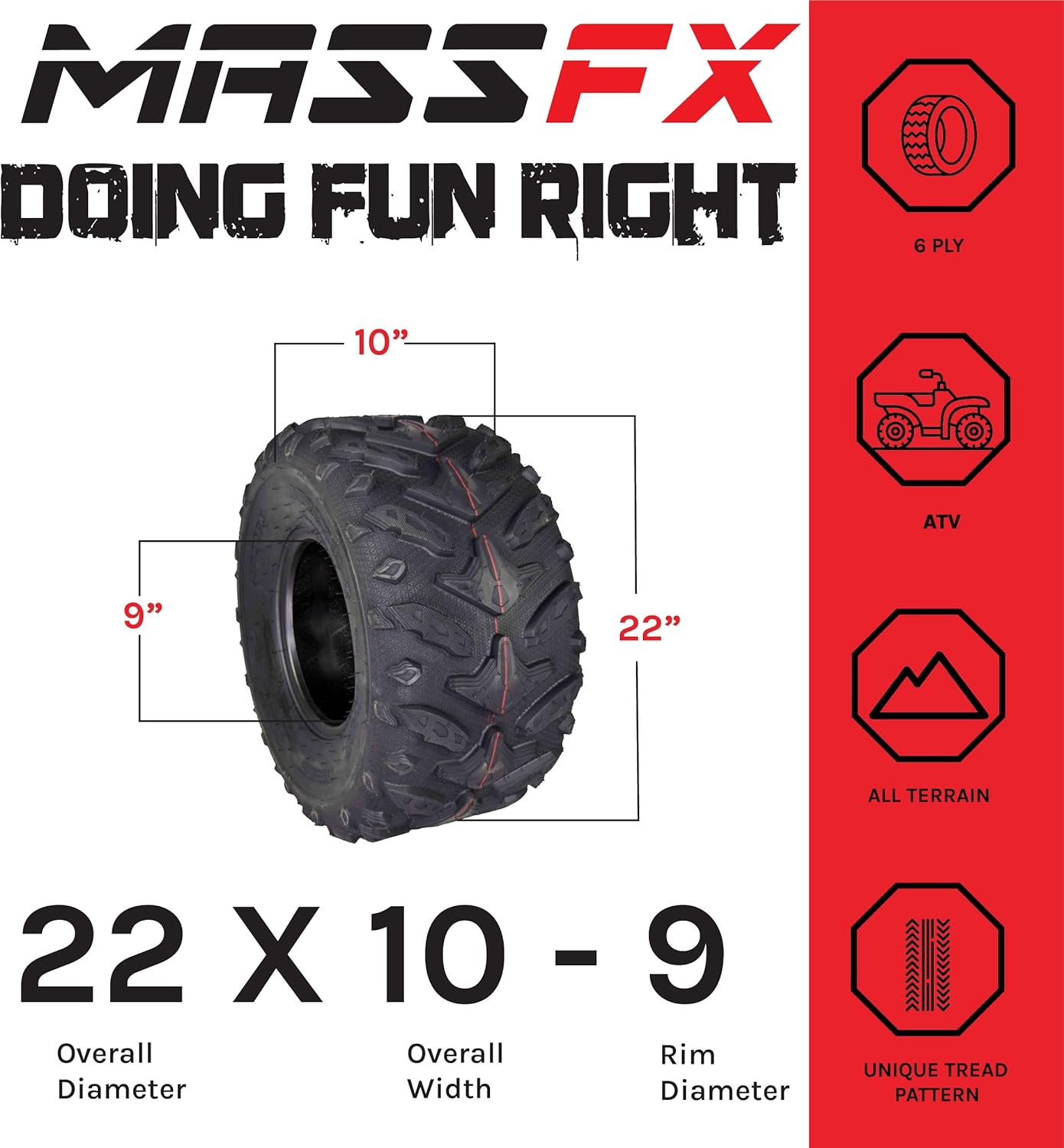 MASSFX Grinder 22x10-9 Rear ATV Tire, 6-Ply Rating, Chip & Tear Resistant, Micro Tread Technology, for Soft and Hard Pack Ground (2 Pack)