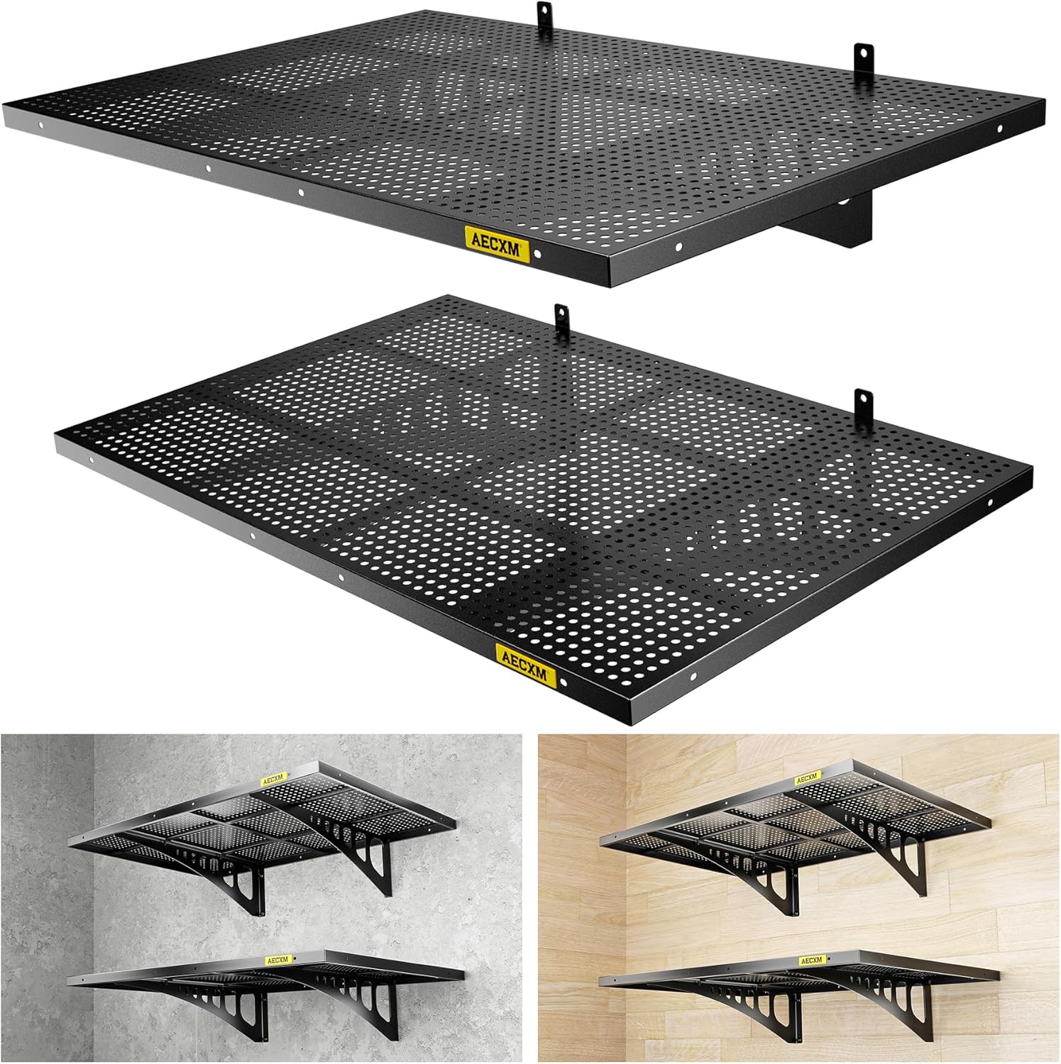 2-Pack 1.64x4ft Adjustable Garage Wall Shelving 560lbs Load Capacity Heavy Duty Wall Mounted Storage Shelf Metal Floating Shelves for Garage(Black)