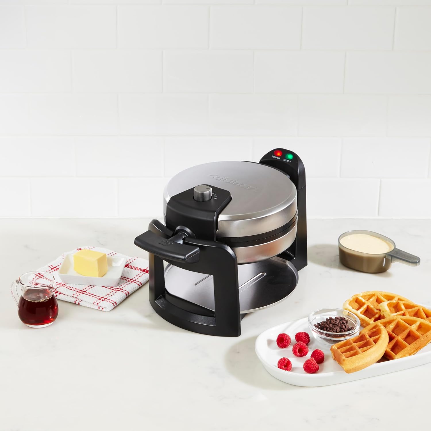 Cuisinart Round Flip Belgian Waffle Maker, Black/Silver, 1 inch thick, WAF-F30NAS