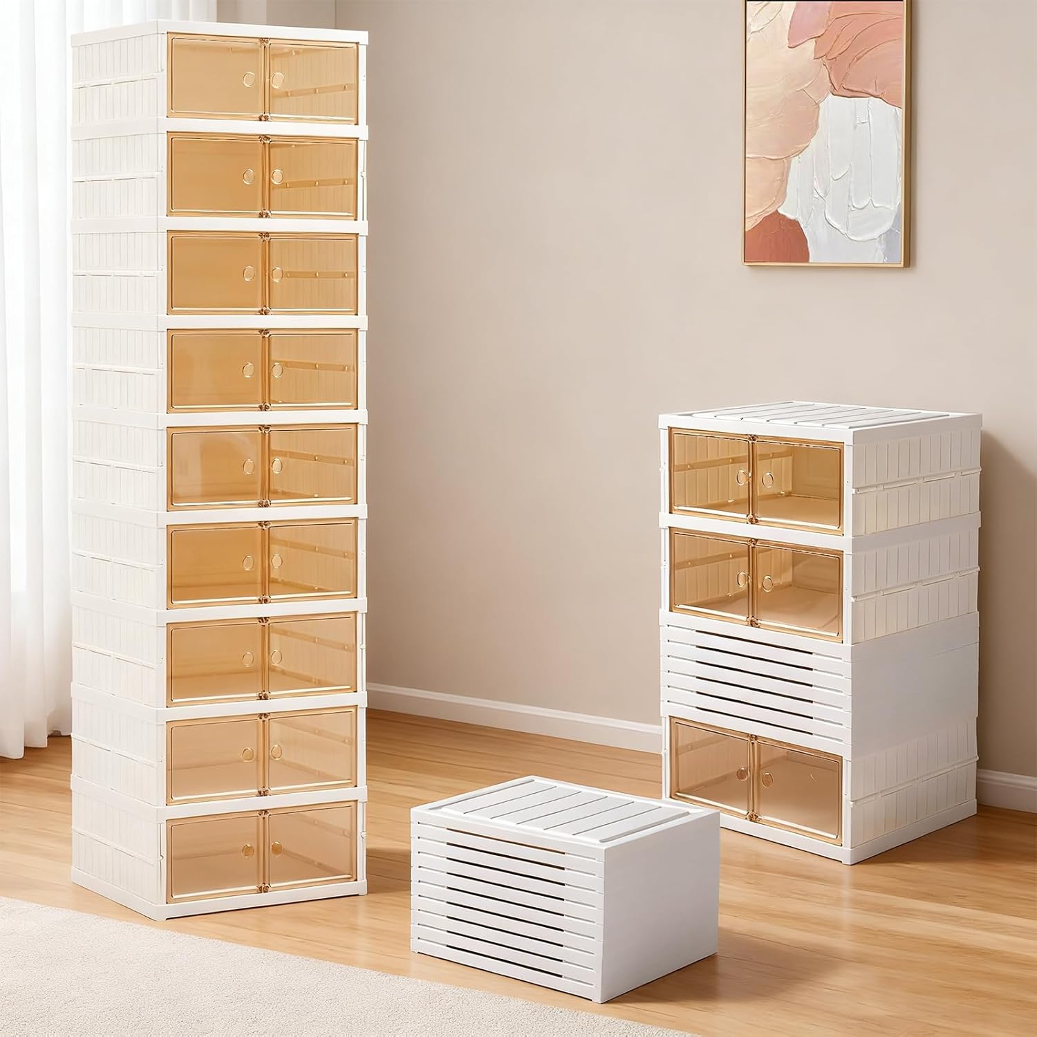 SAYMA 6 Tiers-24 Pairs Foldable Shoe Cabinet with Doors & Wheel 10Grids + 2Large grids Collapsible Shoe Rack Organizer Large Plastic Folding Shoe Cabinet for Entryway Living Room (6 Tiers-24 Pairs)