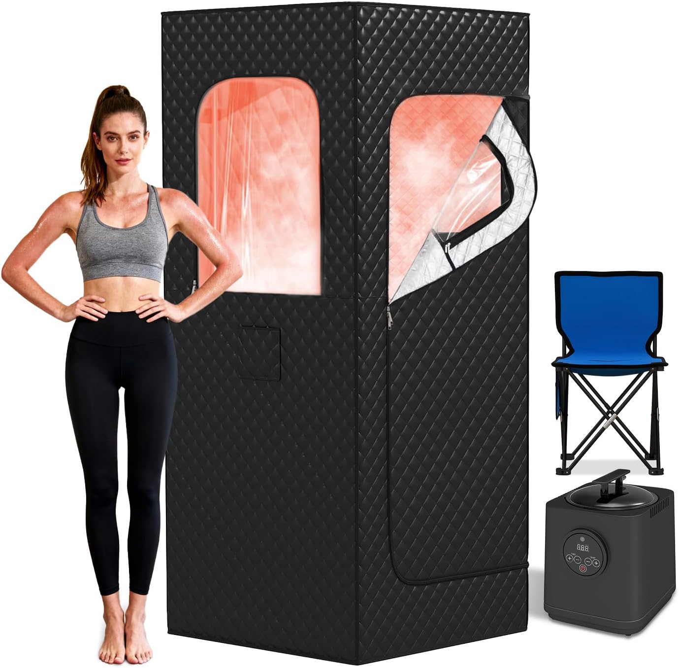 Portable Steam Sauna Box for Home, Infrared Sauna Tent with 3L Steam Generator, Remote Control, 9 Temperature Levels, 99 Minute Timer, Indoor 2 Person Sauna with Foldable Chair for Home Spa,Black