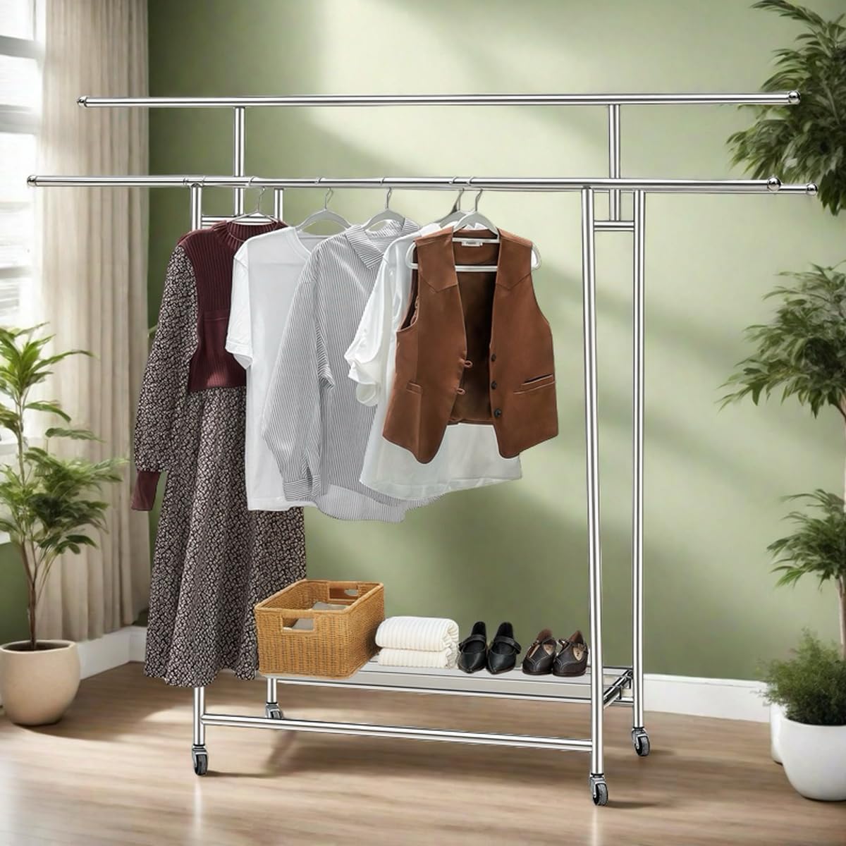 Stainless Steel Clothes Rack, 3-Rod Garment Rack for Hanging Clothes with 4 Wheels Load 600 LBS